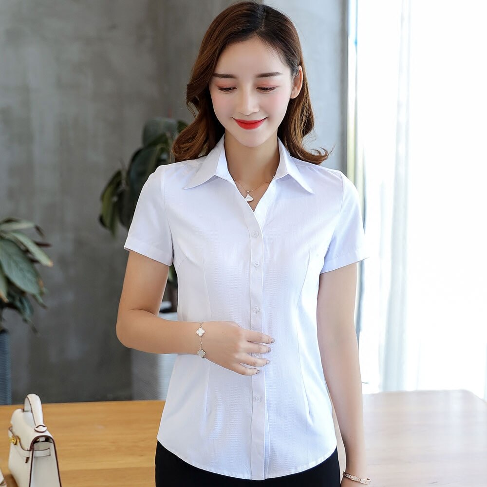 Women's Korean Style Cotton Blouse Shirt Plus Size Women Solid V Neck Shirts Elegant Women White Work Shirt XXXL