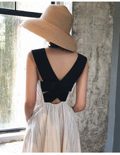 Load image into Gallery viewer, Women's Stripes Dress Cotton and Linen High Waist Retro Swing Vintage Pocket Cross Back Party Casual Dresses Lady Strappy Vestidos