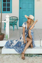 Load image into Gallery viewer, Women's Summer Boho Long Beach Dress Casual Sundress Women Casual Print V Neck Short Sleeve Mid Calf Loose Dresses