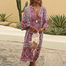 Cargar imagen en el visor de la galería, Women Summer Maxi Dress Boho Flowers Print Button Down Flare Sleeve Loose Dress Casual dresses woman party night beach dresses