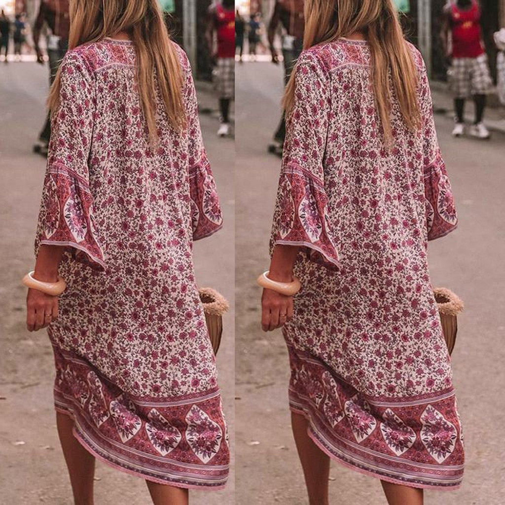 Women Summer Maxi Dress Boho Flowers Print Button Down Flare Sleeve Loose Dress Casual dresses woman party night beach dresses