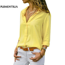 Cargar imagen en el visor de la galería, Women's Blouse 2019 Autumn Elegant Long Sleeve Solid V Neck Chiffon Blouse Female Work Wear Shirts Plus Size