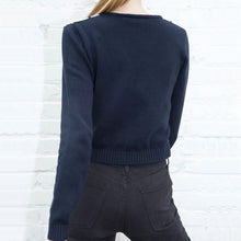 Cargar imagen en el visor de la galería, Women V Neck Knit Cardigan In Navy Blue With Light Blue And White Argyle Print On The Front