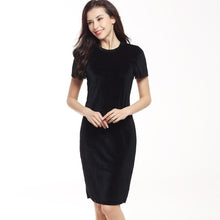 Cargar imagen en el visor de la galería, Women's Velvet Sheath Dress Green Black O-Neck Short Sleeve Slim Pencil Office Work Wear Knee Length Dresses