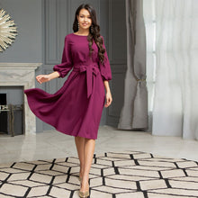 Load image into Gallery viewer, Women Vintage Lantern Sleeve Sashes A-line Dress Three Quarter Sleeve O neck Soild Elegant Dress 2019 Autumn New Fashion Dress