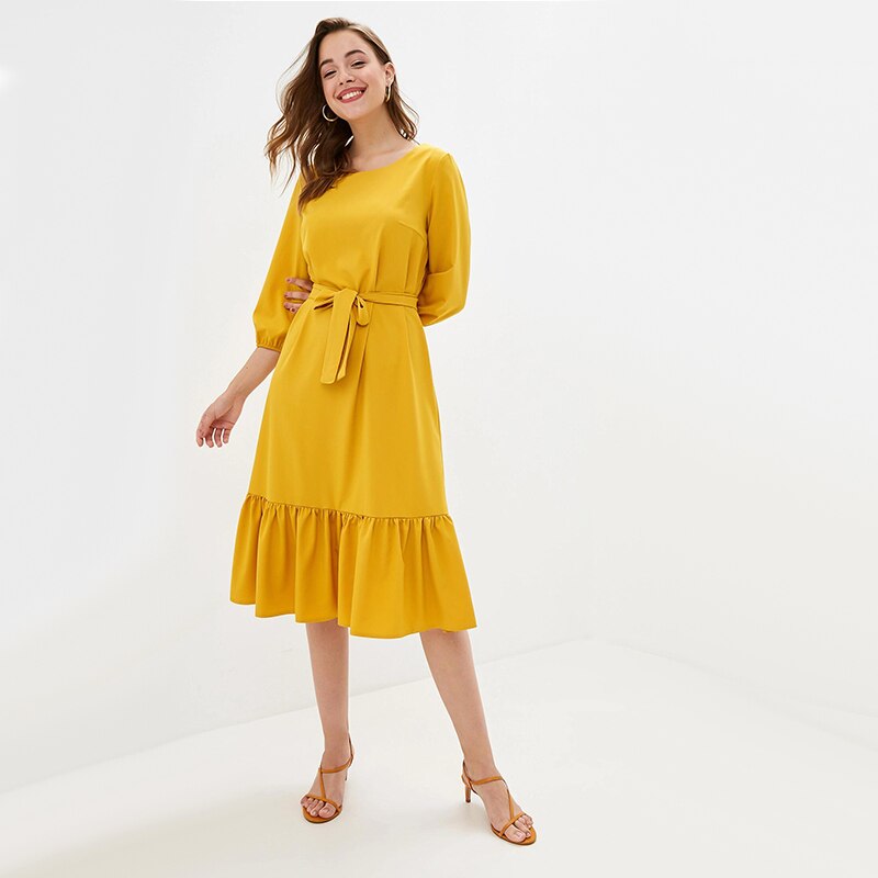 Women's Vintage Ruffled Sashes A Line Party Dress Three Quarter Sleeve O neck Solid Elegant Dress 2019 Autumn New Fashion Dress