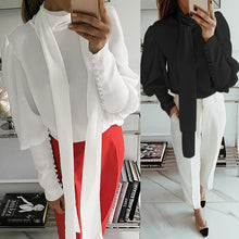 Cargar imagen en el visor de la galería, Women's Celmia Turtleneck Long Sleeve Work Shirts Casual Long Tie Solid Colour White or Black Blouses Plus Size Top