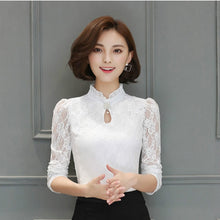 将图片加载到图库查看器,Women's New Chiffon Lace Blouses Tops Feminine Long Puff Sleeved Shirt Ruffled Button Tops Plus Size 4XL Blusa