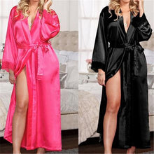將圖片載入圖庫檢視器 Women's Sexy Faux Satin Lace Silk Long Robes New Fashion Nightdress Sleep Dresses Female Belt Without Bathing Robes Solid Color