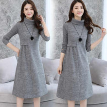 Charger l'image dans la galerie, Woolen Dress for Women Knit Long Sleeve Turtleneck Elegant A line Dress Thick Autumn Winter Plus Size Casual Midi Dress LJ83