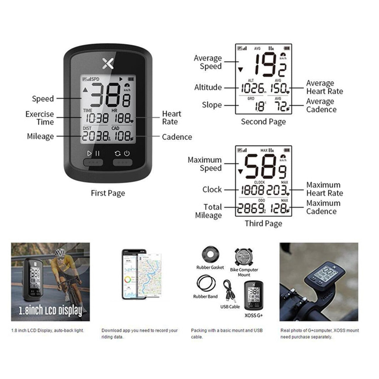 XOSS G + GPS Computer Wireless Speedometer Bluetooth IPX7 1.8inch LCD Display MTB Road Bicycle ANT+ Cadence Cycling Race Compute