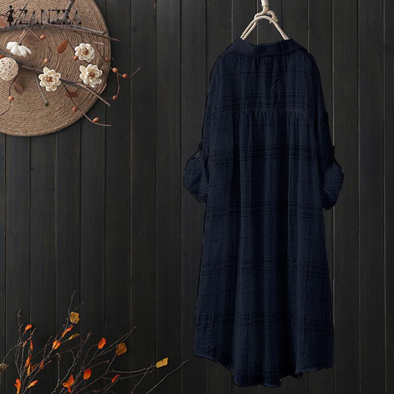 ZANZEA 2019 Plaid Linen Top Women Asymmetrical Blouse Autumn Female Casual Tunic Long Sleeve Shirt Woman Blusas Pleated Tops 5XL