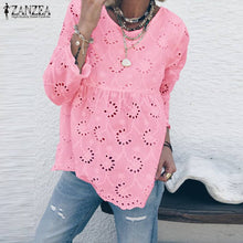 將圖片載入圖庫檢視器 ZANZEA Women 3/4 Sleeve Hollow Out Blouse Autumn Lace Crochet Shirt Plus Size Female Back Button Down Blusa Femininas Solid Top7