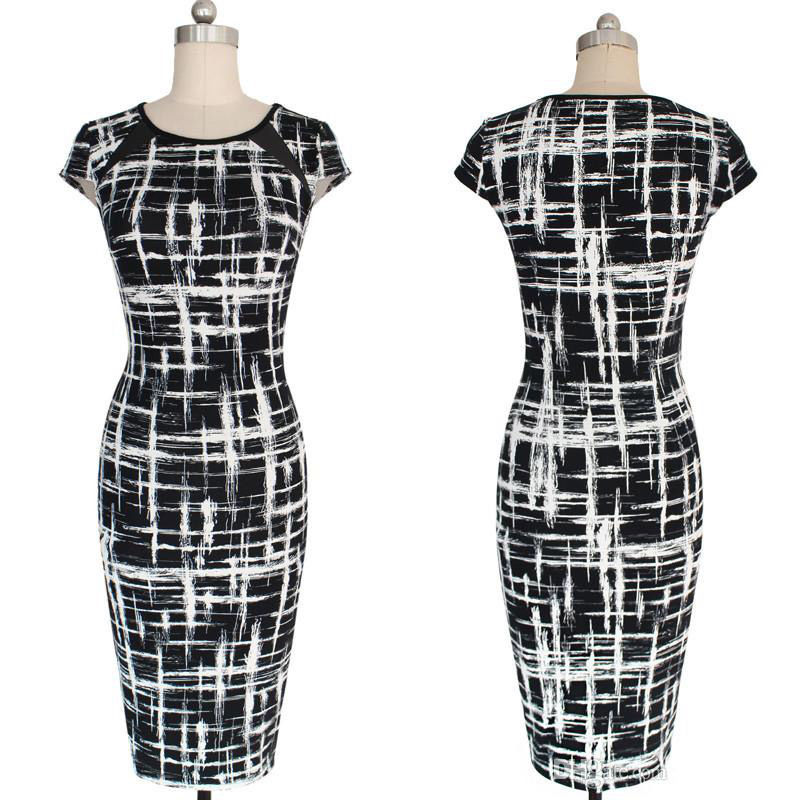 Women's Bandage Bodycon Short Sleeve Sketch Print Dot Star Cocktail Knee Length Pencil Dress US