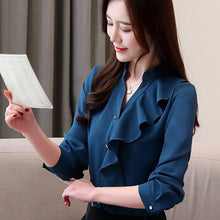 将图片加载到图库查看器,Women's Ruffles Chiffon Blouse Long Sleeve Shirts  White blouse Solid Stand 2354 50