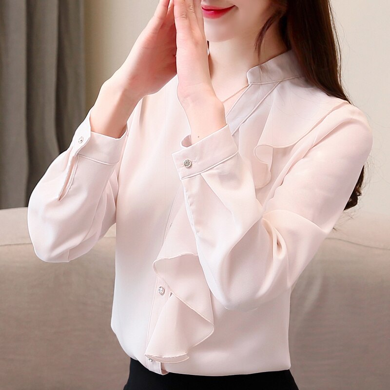 Women's Ruffles Chiffon Blouse Long Sleeve Shirts White blouse Solid Stand 2354 50
