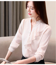 将图片加载到图库查看器,Women's Ruffles Chiffon Blouse Long Sleeve Shirts  White blouse Solid Stand 2354 50