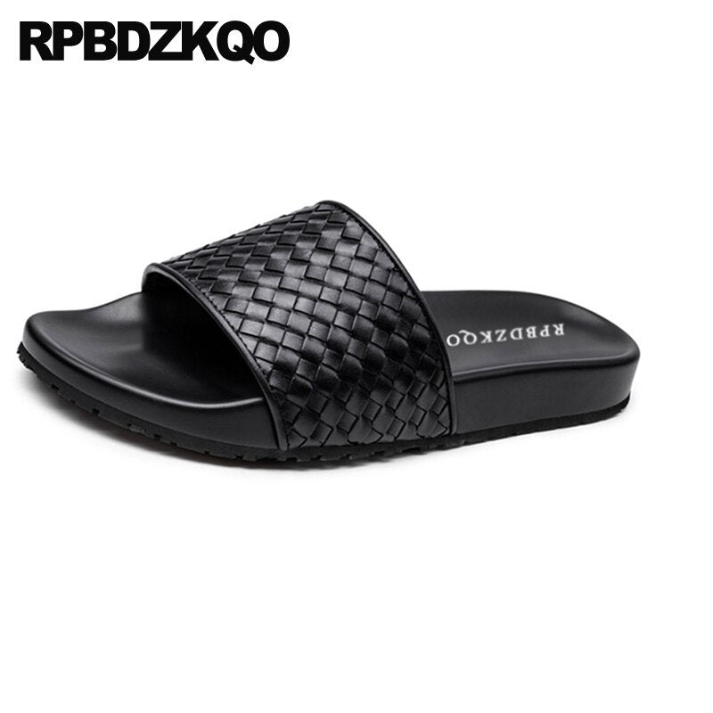 flat soft genuine leather slippers 2019 slides beach luxury summer italian designer shoes men high quality woven sandals slip on