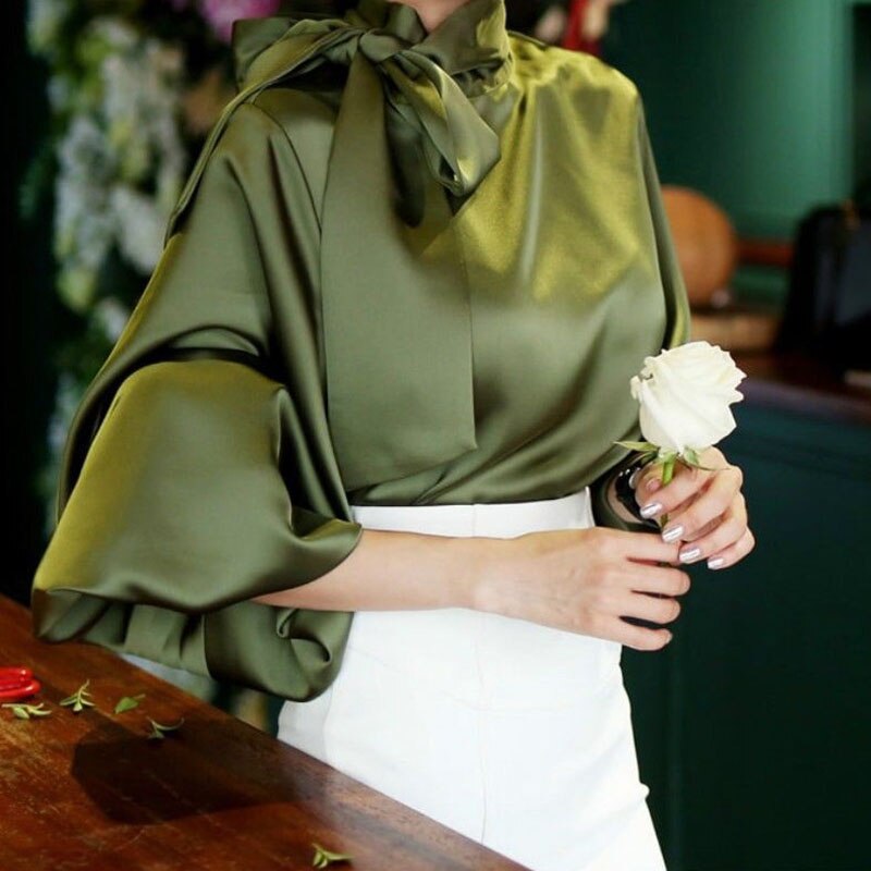 new party office Ladies shirt autumn solid Vintage Satin Lantern Sleeve Shirt Bow Tie Neck Loose Elegant Blouse Top women shirts
