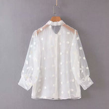 將圖片載入圖庫檢視器 Women's Elegant Stand Collar Polka Dot Blouse Embroidery casual organza blouse shirt women chic perspective white chemise tops LS4077