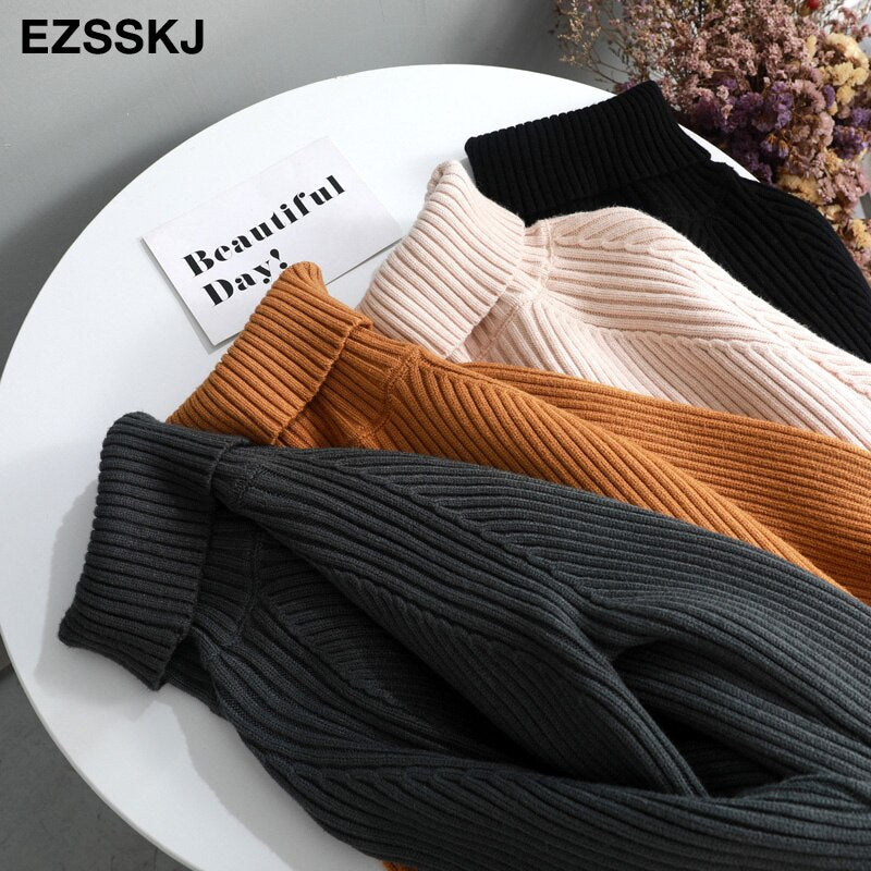 Oversize Lhick Long Coarse Wool Turtleneck Sweater Dress Women's Autumn Winter Female Casual Loose Knit Straight Sweater Dress