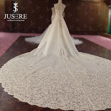 Load image into Gallery viewer, JUSERE Exquisite A-Line Strapless Embroidery Real Pic 3 Meters Long Cathedral Train Satin Wedding Dress Wedding Gown 2018