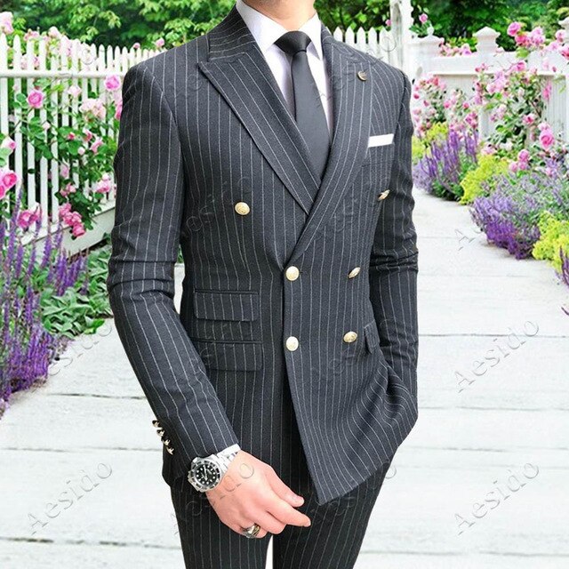 Aesido Men's Suits Prom Tuxedos Slim Fit Classic Stripe Business Blazer Pants
