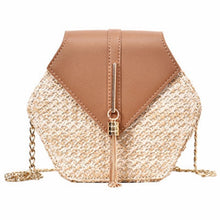 將圖片載入圖庫檢視器 Hexagon Mulit Style Straw+leather Handbag