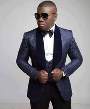將圖片載入圖庫檢視器 Men Suits Light Navy Blue and Black Groom Tuxedos Shawl Lapel Groomsmen Wedding Best Man ( Jacket+Pants+Bow Tie+Vest ) C684