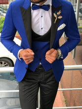 將圖片載入圖庫檢視器 Men Suits Light Navy Blue and Black Groom Tuxedos Shawl Lapel Groomsmen Wedding Best Man ( Jacket+Pants+Bow Tie+Vest ) C684