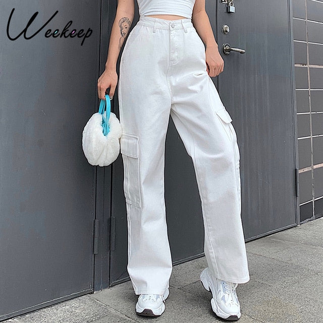 Weekeep Women's Pockets Patchwork High Waist Jeans