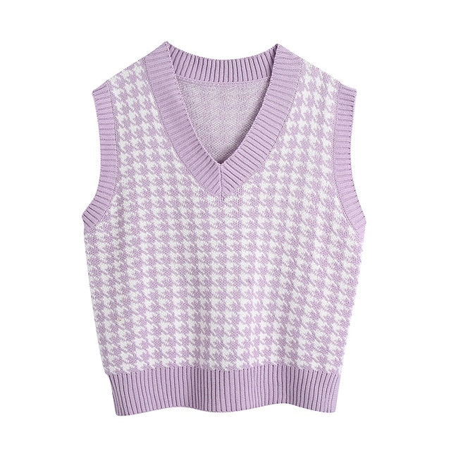 Women Houndstooth Knitted Vest Sweater