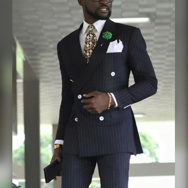 Pinstripe Double Breasted Business Suits for Men Formal Wedding Tuxedo with Peaked Lapel 2 Piece Male Jacket Pants Costume
