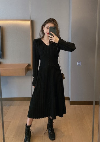 Knitted Dress Women Casual Long Sleeve Vintage Elegant Office Sweater Dress Female 2020 Winter One-piece Dress Korean Outerwear