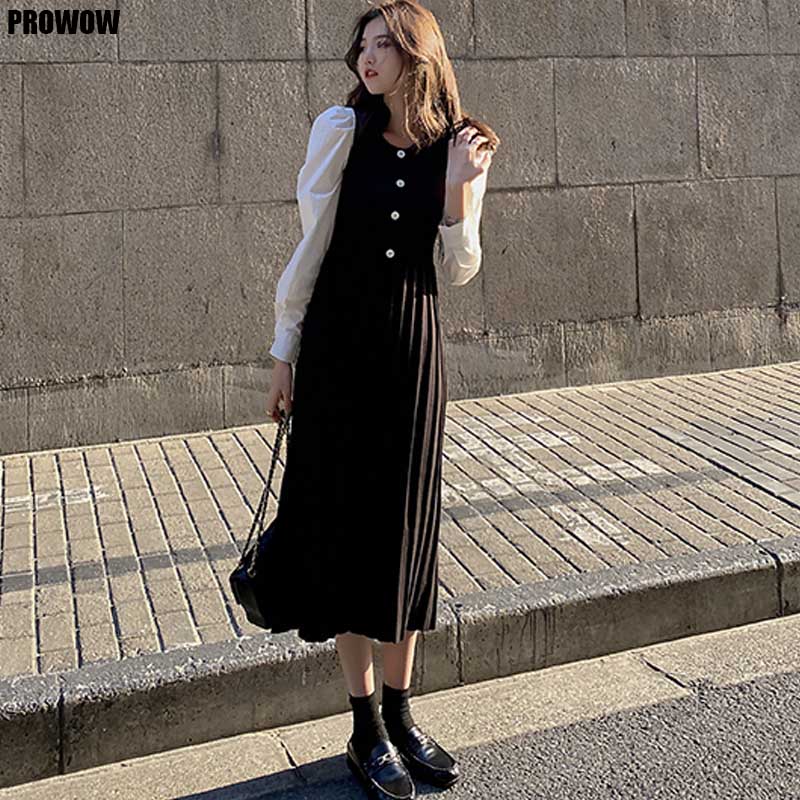 One-Piece Woman Pleated Dress Korean Long Sleeve Knitted Sweater Dresses 2020 Women Spring Autumn Women Sweater Knitt Dress Lady