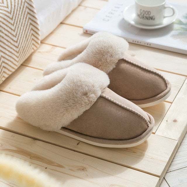 Women's Luxury Faux Suede Home Full Fur Slippers Winter Warm Plush Bedroom Non-slip Couples Shoes Indoor Ladies Furry Slippers