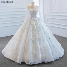 將圖片載入圖庫檢視器 3D Flowers Ball Gown Wedding Dress Long Sleeve Sequins Pearls Beads Shining Wedding Gown Court Train Bridal Gown Lace Up