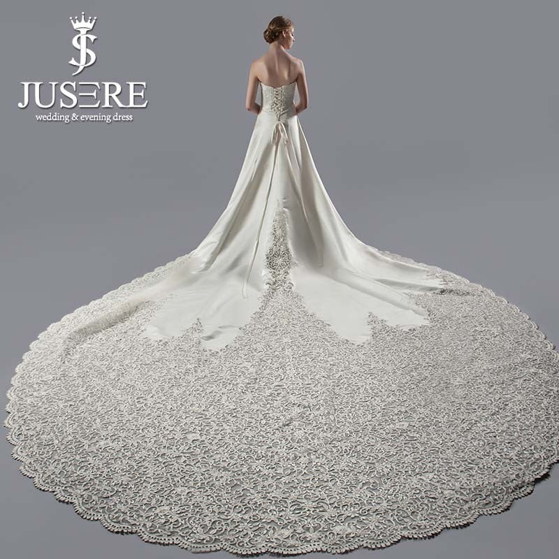 JUSERE Exquisite A-Line Strapless Embroidery Real Pic 3 Meters Long Cathedral Train Satin Wedding Dress Wedding Gown 2018
