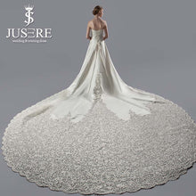 Load image into Gallery viewer, JUSERE Exquisite A-Line Strapless Embroidery Real Pic 3 Meters Long Cathedral Train Satin Wedding Dress Wedding Gown 2018