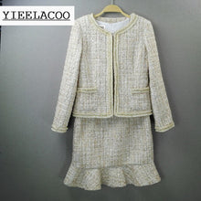 将图片加载到图库查看器,Khaki tweed jacket + sleeveless dress suit sequined fabric custom autumn / winter women's jacket ladies 2-piece dress suit