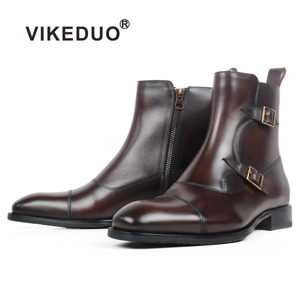VIKEDUO Square Toe Plain Genuine Cow Skin Boot Patina Brown Handmade Bespoke Leather Men Boots Casual Men's Buckle Ankle Boots