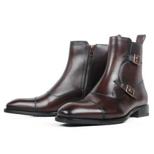 Load image into Gallery viewer, VIKEDUO Square Toe Plain Genuine Cow Skin Boot Patina Brown Handmade Bespoke Leather Men Boots Casual Men's Buckle Ankle Boots