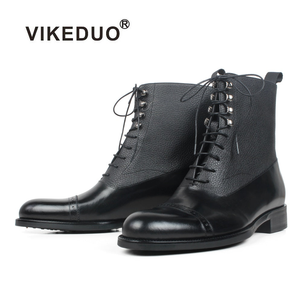 VIKEDUO Black Men's Footwear Round Toe Ankle Boots Patchwork Handmade Leather Boots Men Autumn Winter Men's Boot Botas Hombre