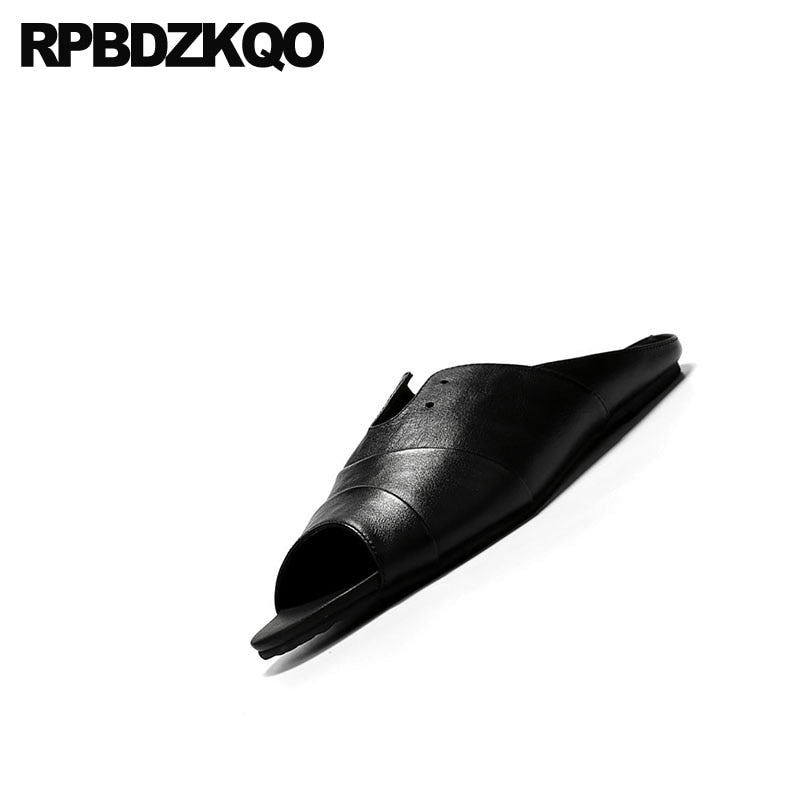 Men's slippers 2019 italian flat slides genuine leather breathable casual black designer shoes men high quality slip on summer sandals