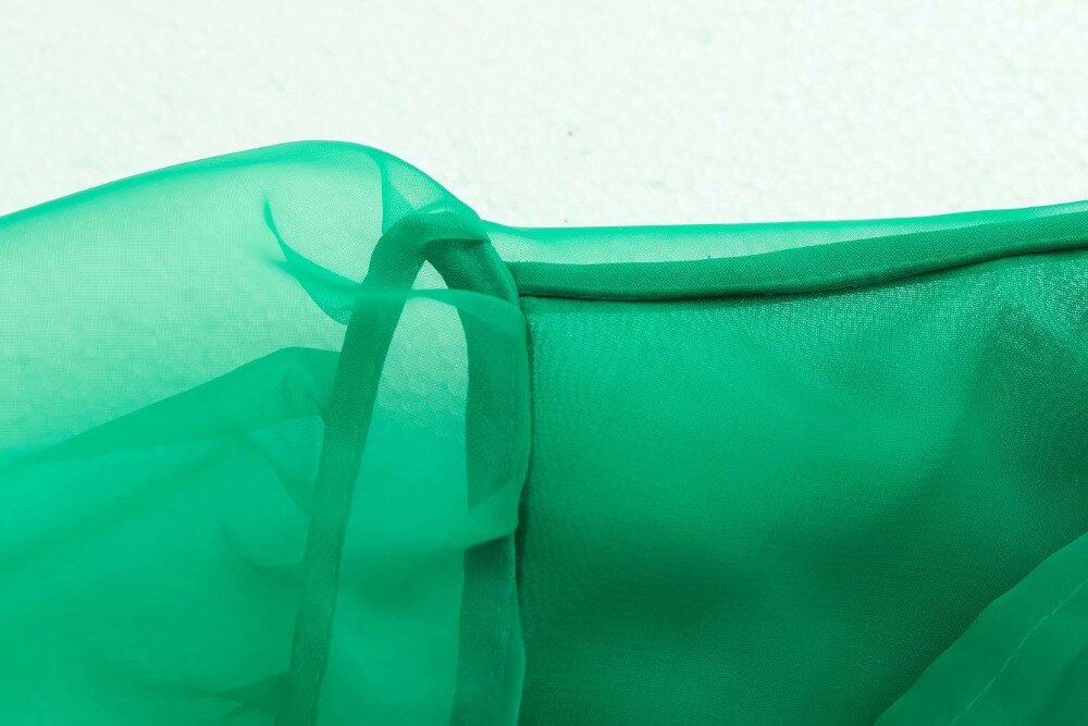 Women's High Street Bow Collar Transparent Organza Green Smock Shirt Blouse Long Sleeve Buttons