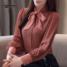 將圖片載入圖庫檢視器 womens tops and blouses long sleeve women shirts fashion bow collor office blouse women plaid chiffon shirt female top 2413 50