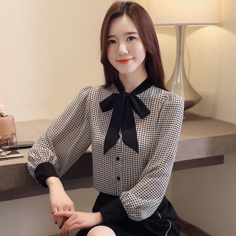 womens tops and blouses long sleeve women shirts fashion bow collor office blouse women plaid chiffon shirt female top 2413 50
