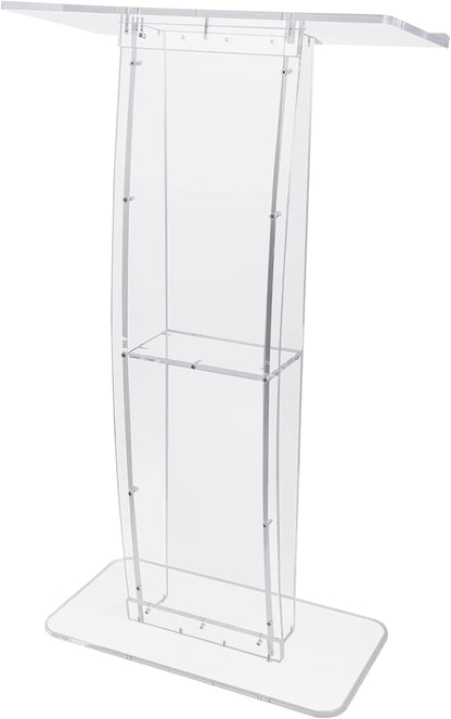 Acrylic Podium, 47" Tall, Clear Acrylic Podium Stand with Wide Reading Surface & Storage Shelf, Floor-Standing Clear Pulpits Acrylic for Church Office School