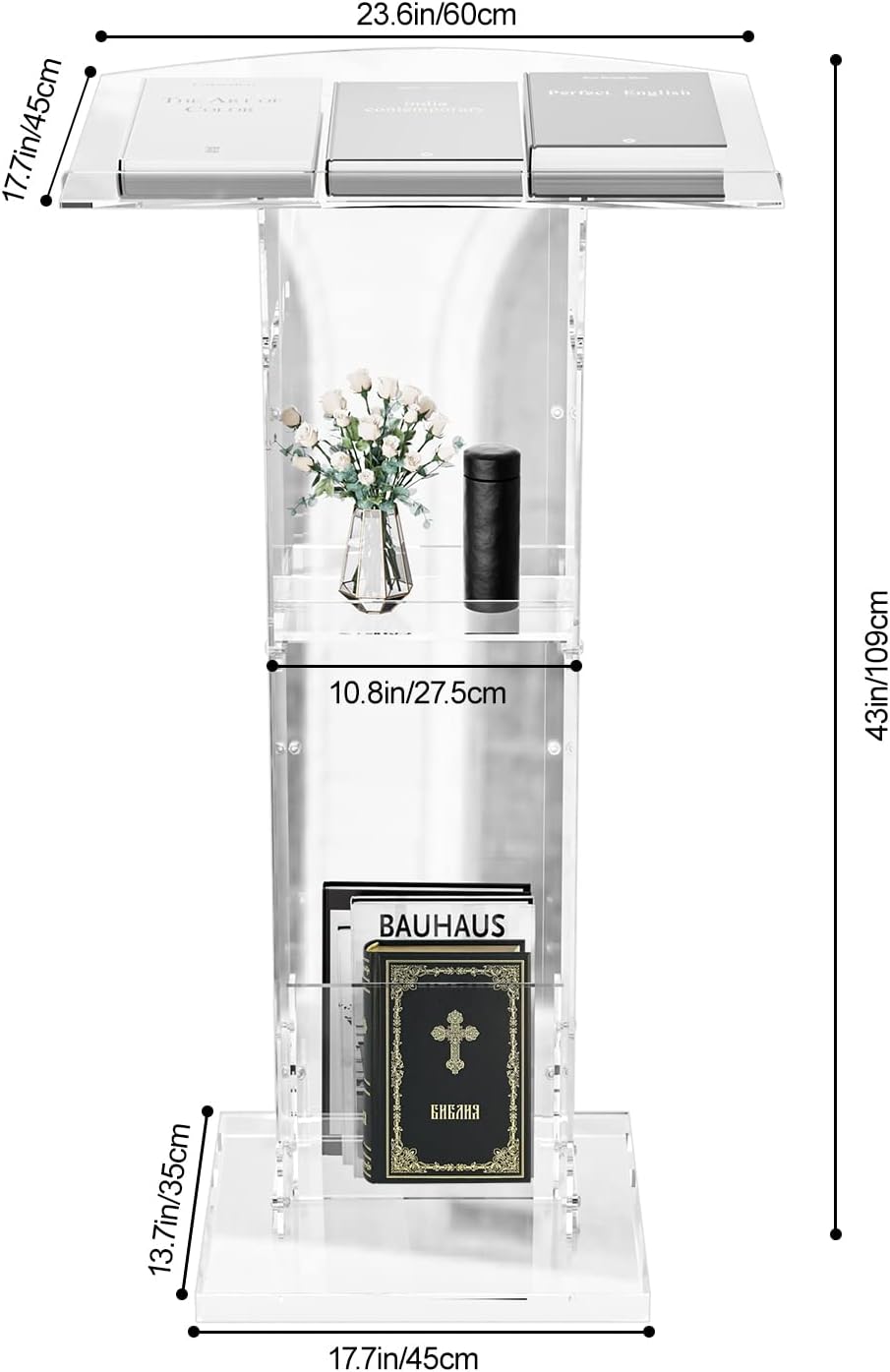 Acrylic Clear Podium Stand with Storage Shelf,Plexiglass Pulpits for Churches,Conference,Speeches,Weddings,Classroom,Professional Presentation Podiums (23.6" L X 17.7" W X 43" H, Transparent)