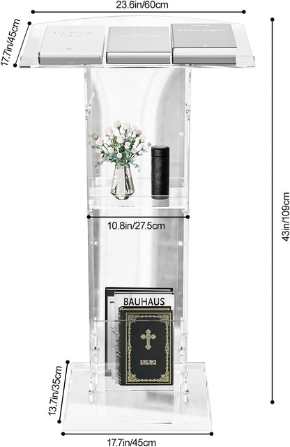 Acrylic Clear Podium Stand with Storage Shelf,Plexiglass Pulpits for Churches,Conference,Speeches,Weddings,Classroom,Professional Presentation Podiums (23.6" L X 17.7" W X 43" H, Transparent)